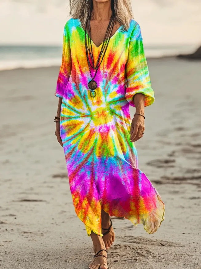 Dopamine Rainbow Tie-Dye Printed V-Neck Holiday Dress