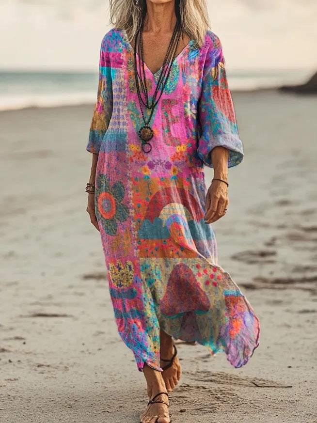 Monet Style Abstract Art Simi Printed V-Neck Vacation Dress