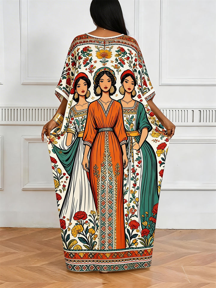 Alien Triple American Ethnic Floral Print V-Neck Elegant Dress