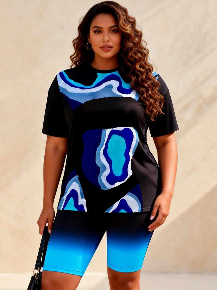 Black Blue And White Laminated Abstract Printed Casual Shorts Set