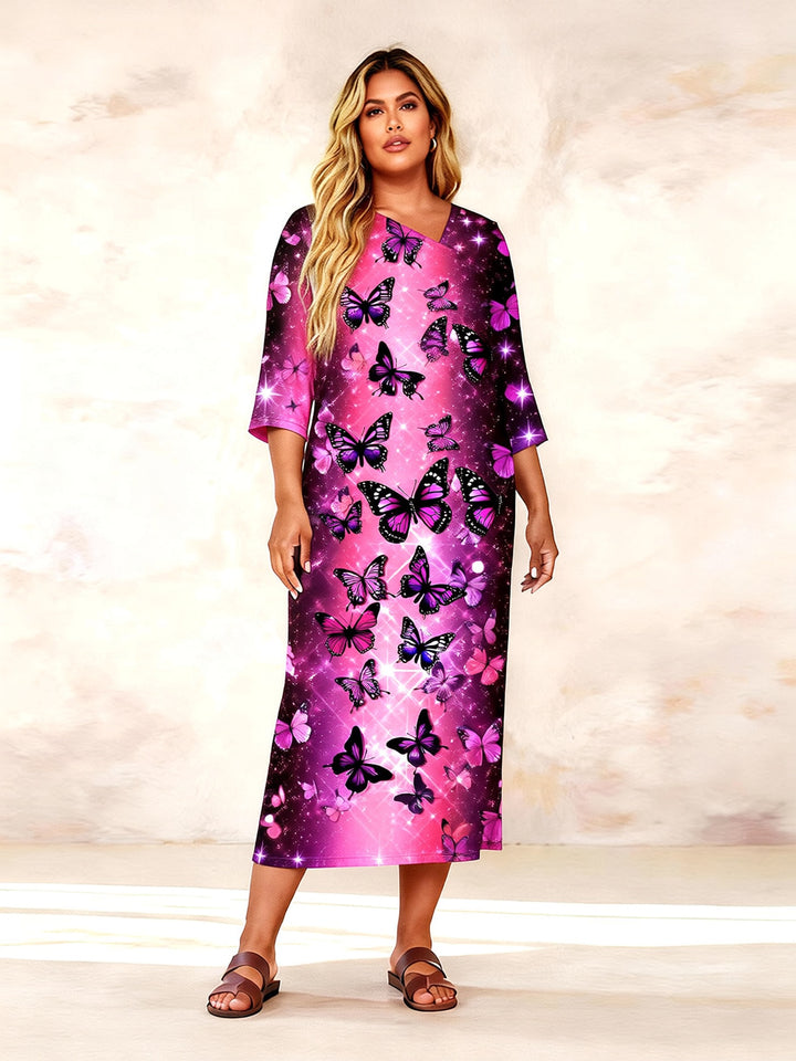 Irregular Neckline Rose Star Butterfly Print Mid-sleeve Straight Maxi Dresses