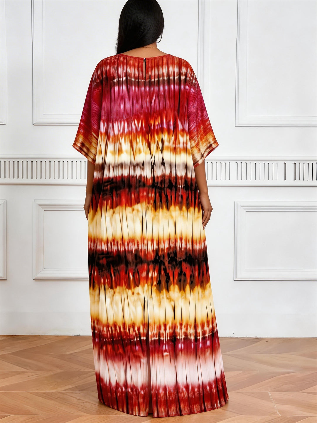 Red-Brown Gradient Stripe Tie-Dye V-Neck Elegant Dress