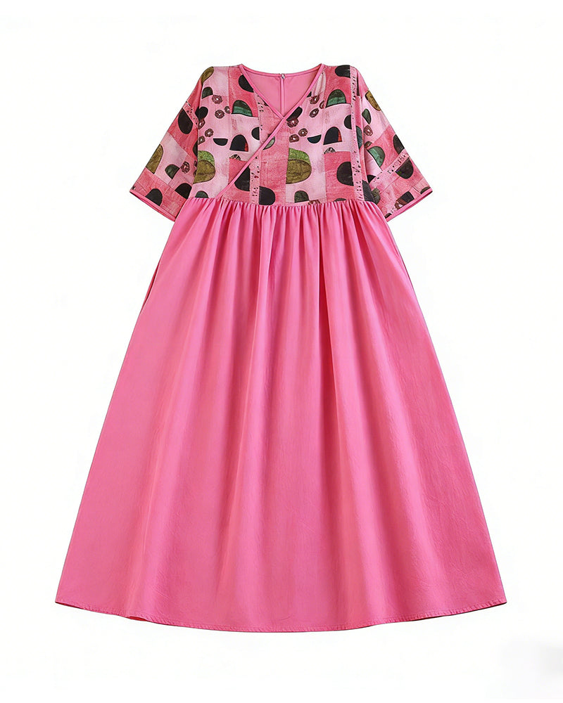 Pink Green Geometric V-Neck Dress