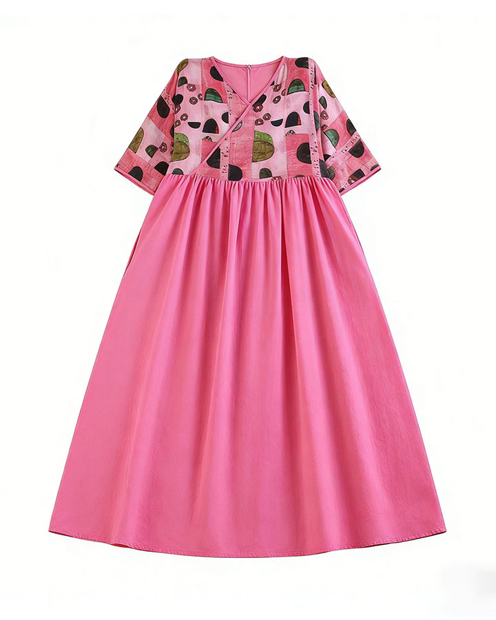 Pink Green Geometric V-Neck Dress