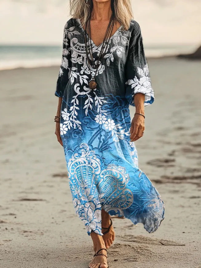 Vintage Paisley Pattern Gradient Print V-Neck Holiday Dress