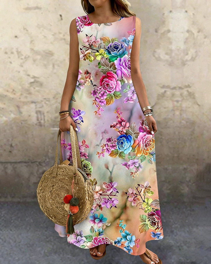 Gradient Romantic Rose Print Round Neck Sleeveless Loose Elegant Chic Dress