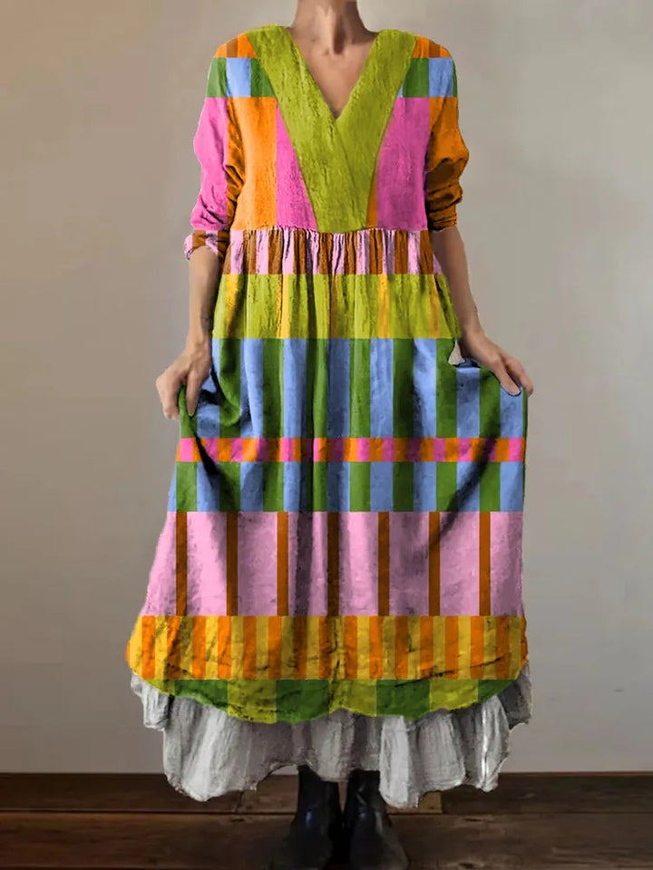 Vintage Contrast Plaid Loose V-Neck Dress