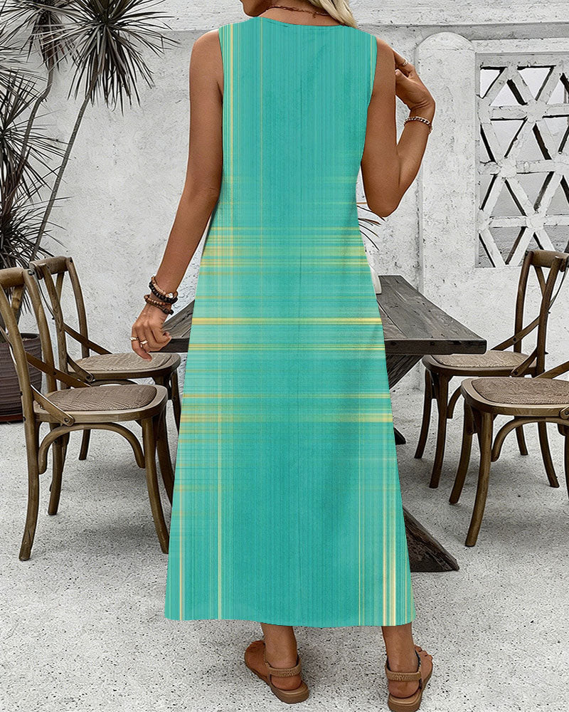 Classic Stripes Print Round Neck Sleeveless Loose Elegant Chic Dress