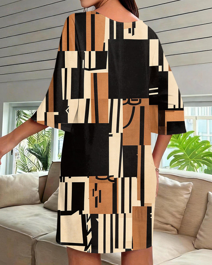 Black Brown Geometric Block Print V-Neck Mini Dresses