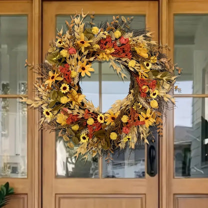 Artificial Chrysanthemum and Fallen Leaf Autumn-Themed Decorative Wreath