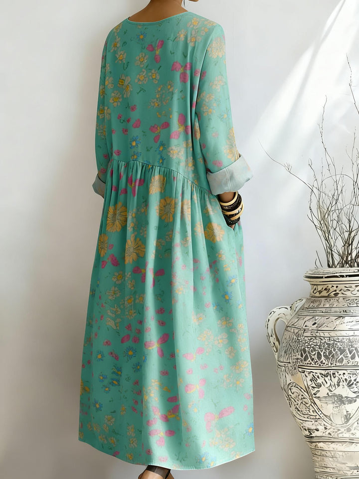 Women's Green Floral Print Pocket Dress