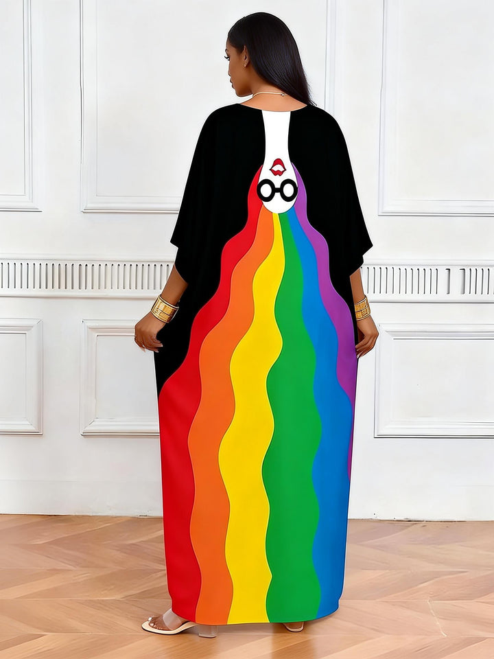 Rainbow Wave Face V-neck Casual Elegant Dress