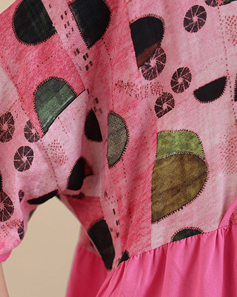 Pink Green Geometric V-Neck Dress