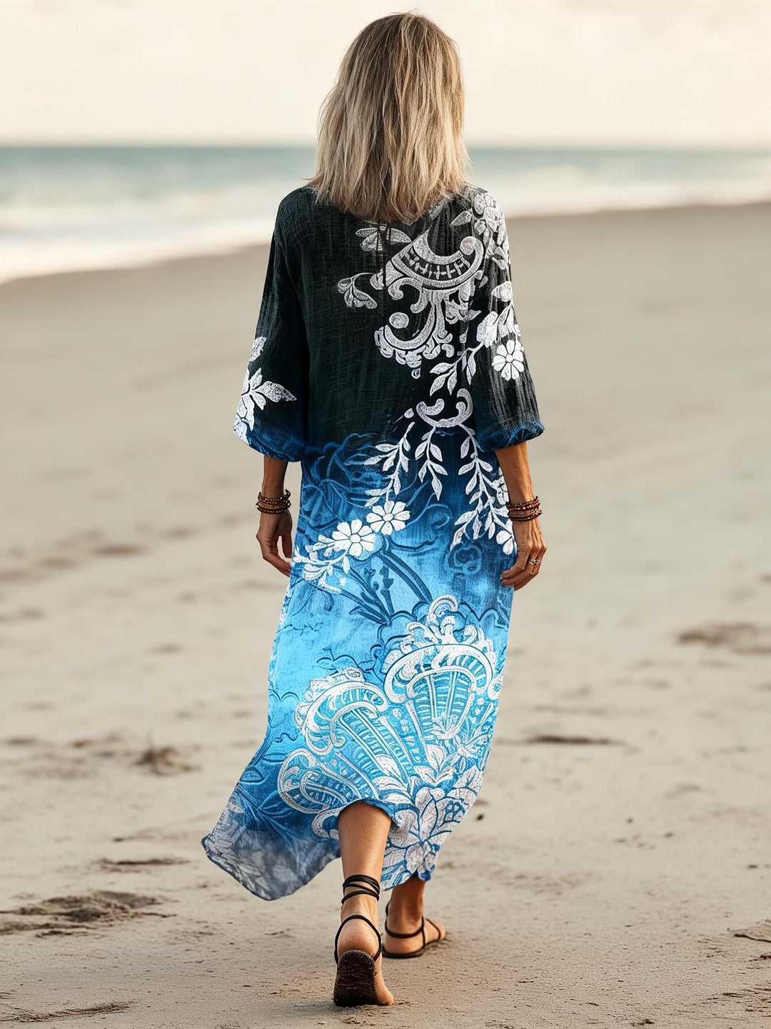 Vintage Paisley Pattern Gradient Print V-Neck Holiday Dress