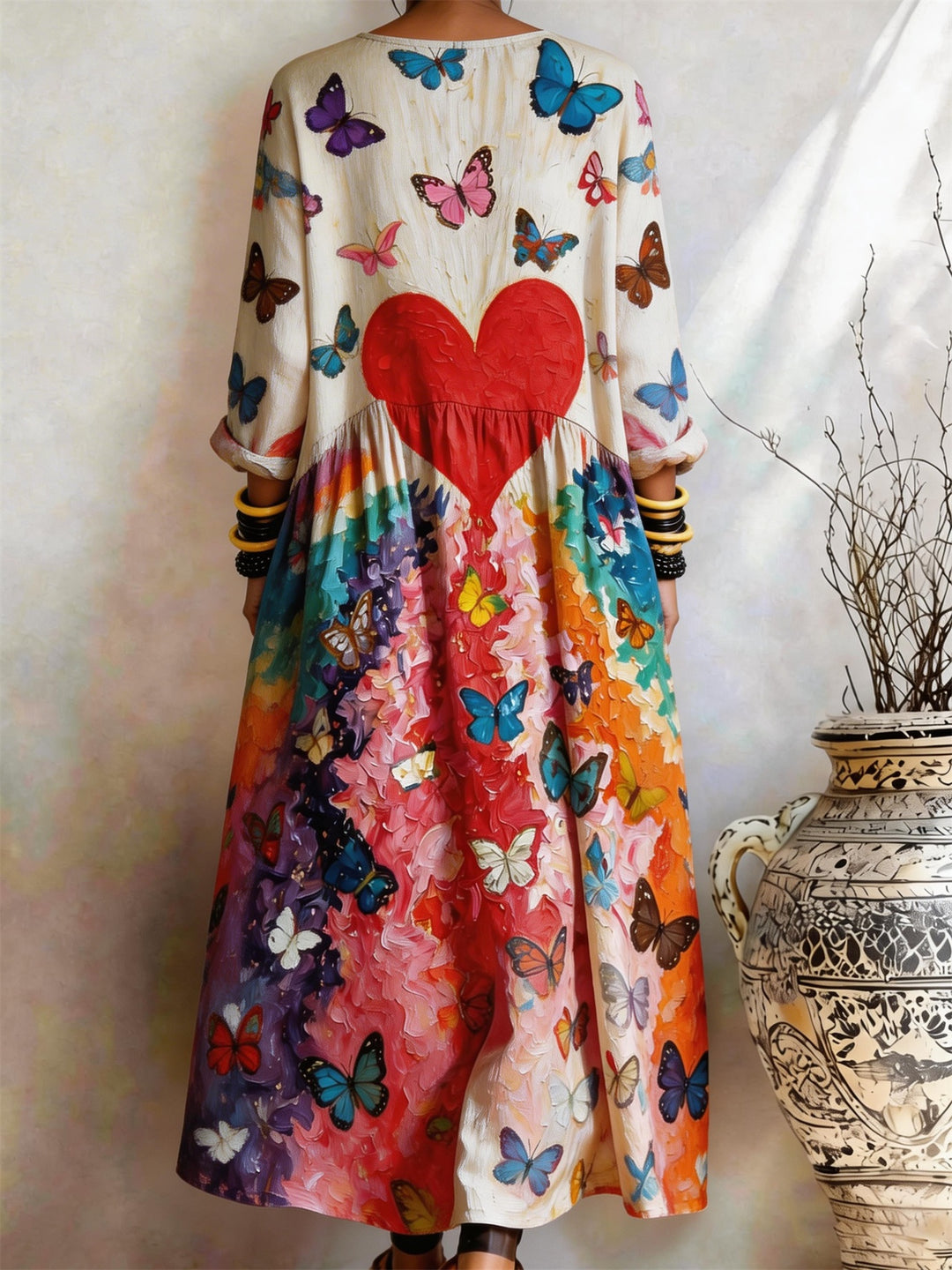 Oil Painting Love Butterfly Printed Pocket Dress