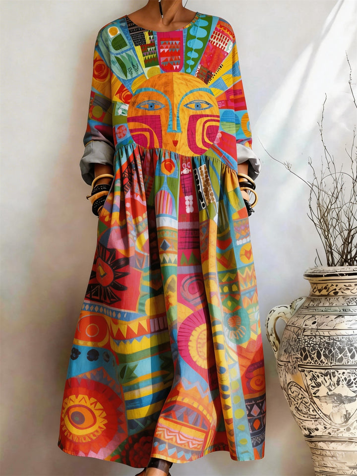 Abstract Sun Face Geometric Print Pocket Dress