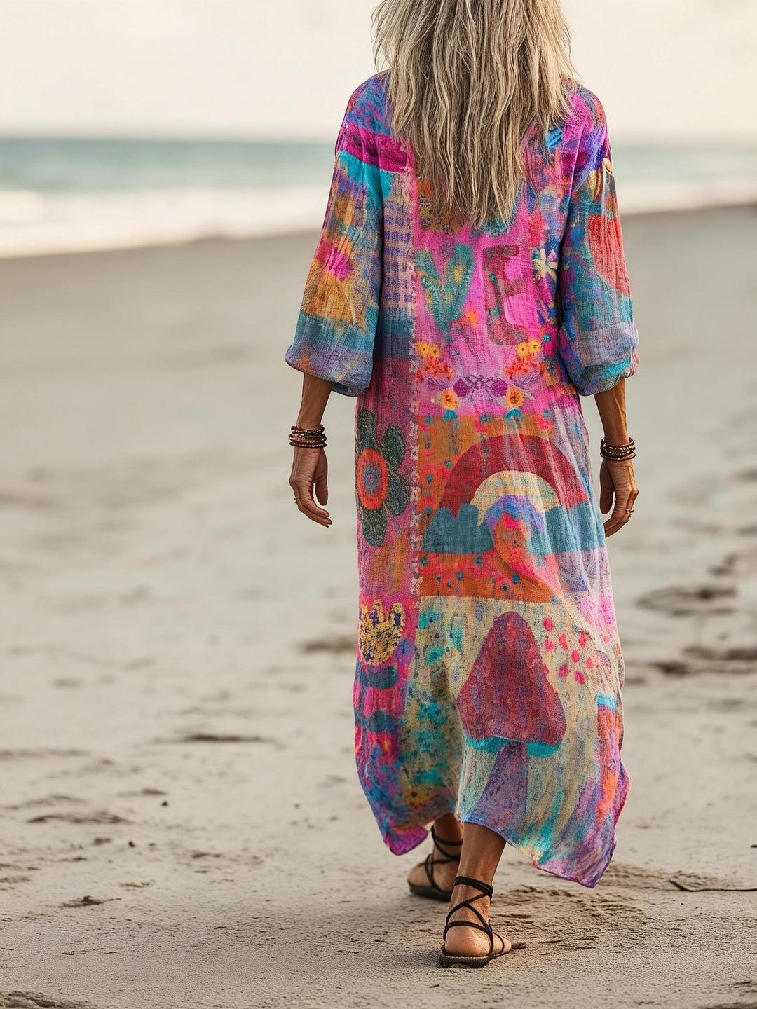 Monet Style Abstract Art Simi Printed V-Neck Vacation Dress