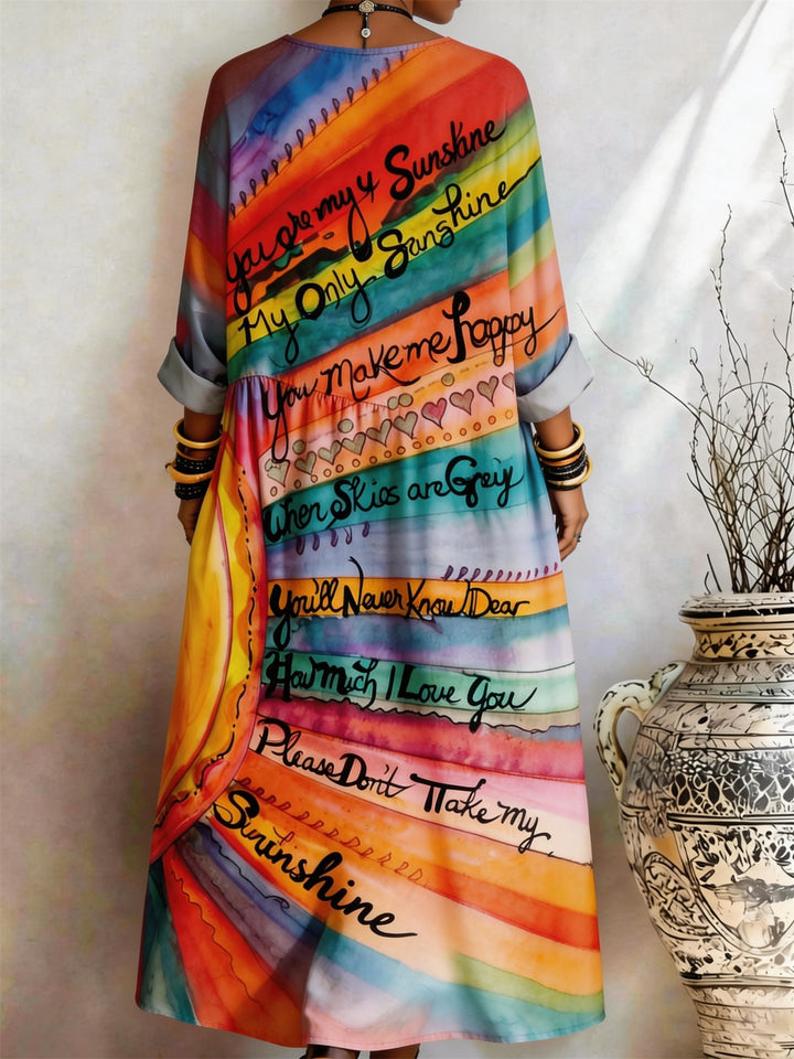 Rainbow Gradient "You Are My Sunshine" Lyrics Printed Pocket Dress