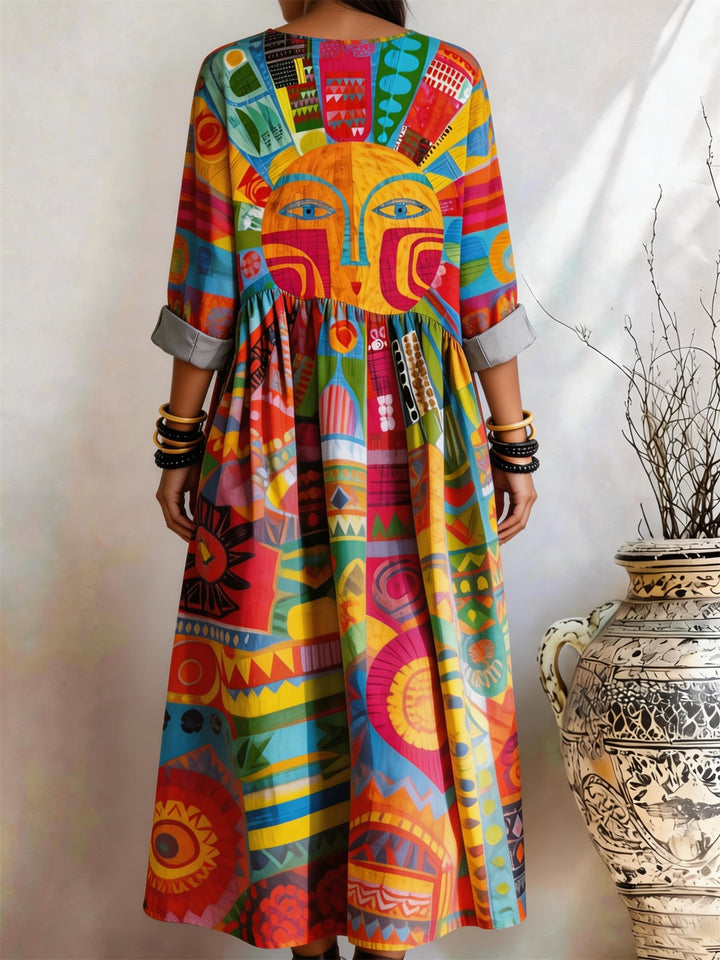 Abstract Sun Face Geometric Print Pocket Dress