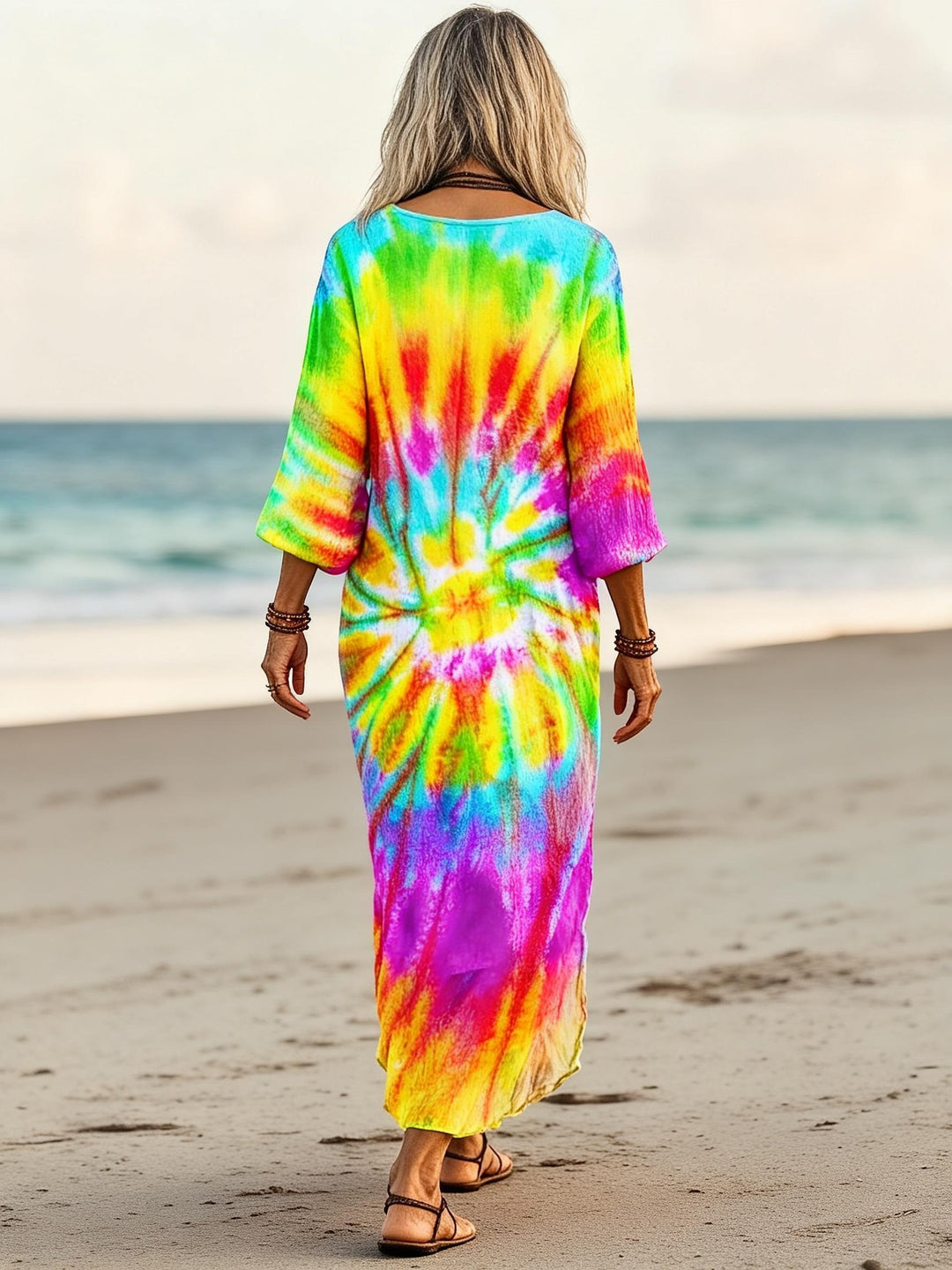 Dopamine Rainbow Tie-Dye Printed V-Neck Holiday Dress