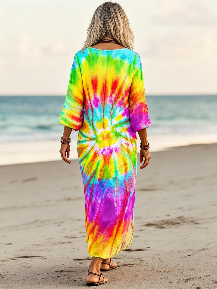 Dopamine Rainbow Tie-Dye Printed V-Neck Holiday Dress