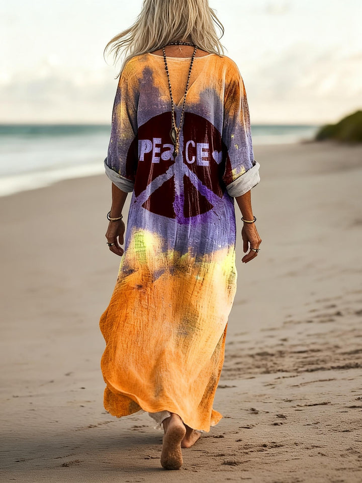 Vintage Peace Symbol Printed V-Neck Holiday Dress