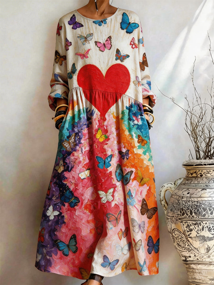 Oil Painting Love Butterfly Printed Pocket Dress