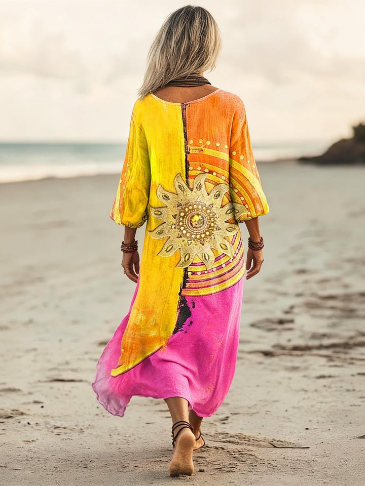 Bohemian Sun Totem Print V-Neck Holiday Dress