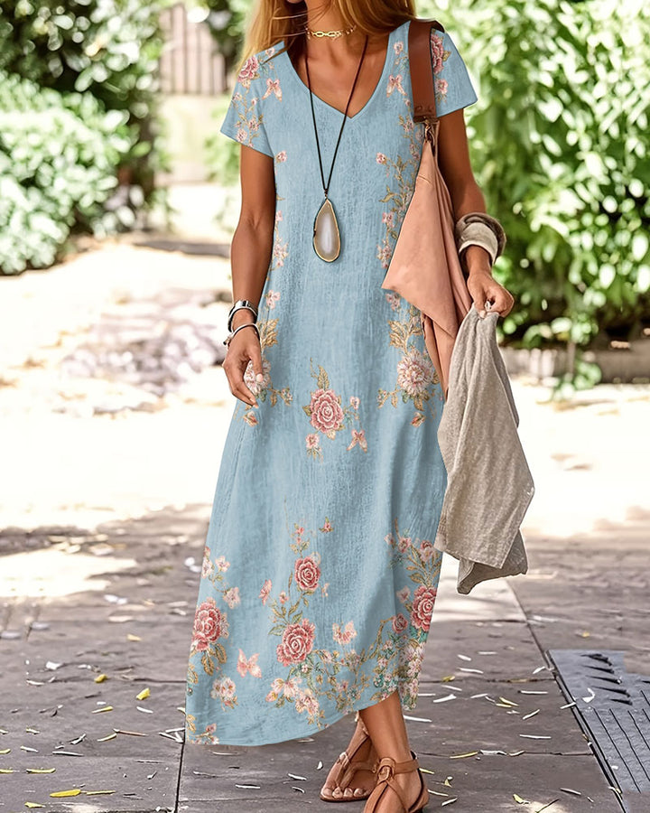 Romantic Roses Print Casual V-Neck Short Sleeve A-Line Loose Long Dress