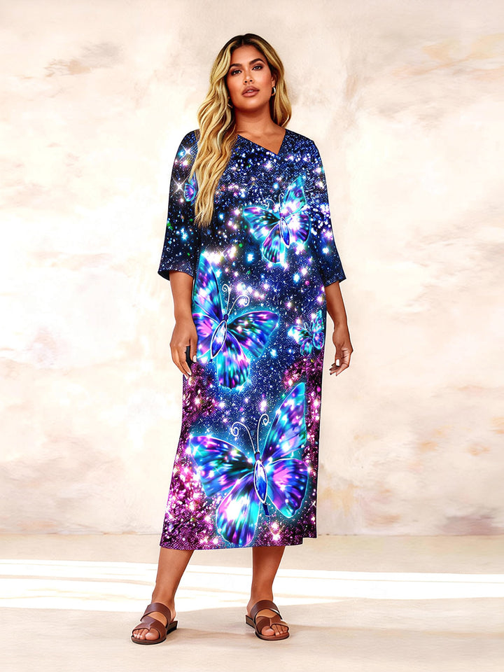 Irregular Neckline Purple Powder Gradient Butterfly Print Mid-sleeve Straight Maxi Dresses