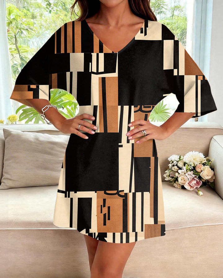 Black Brown Geometric Block Print V-Neck Mini Dresses