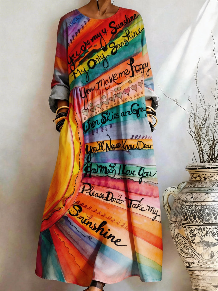 Rainbow Gradient "You Are My Sunshine" Lyrics Printed Pocket Dress