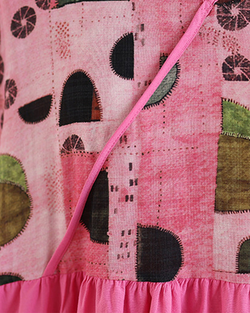 Pink Green Geometric V-Neck Dress