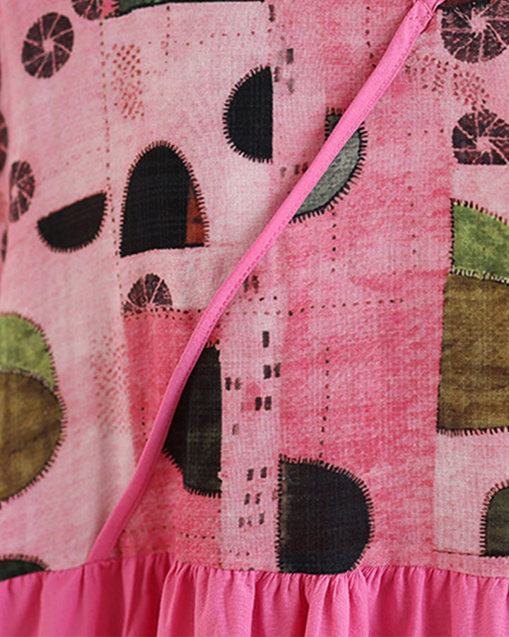 Pink Green Geometric V-Neck Dress