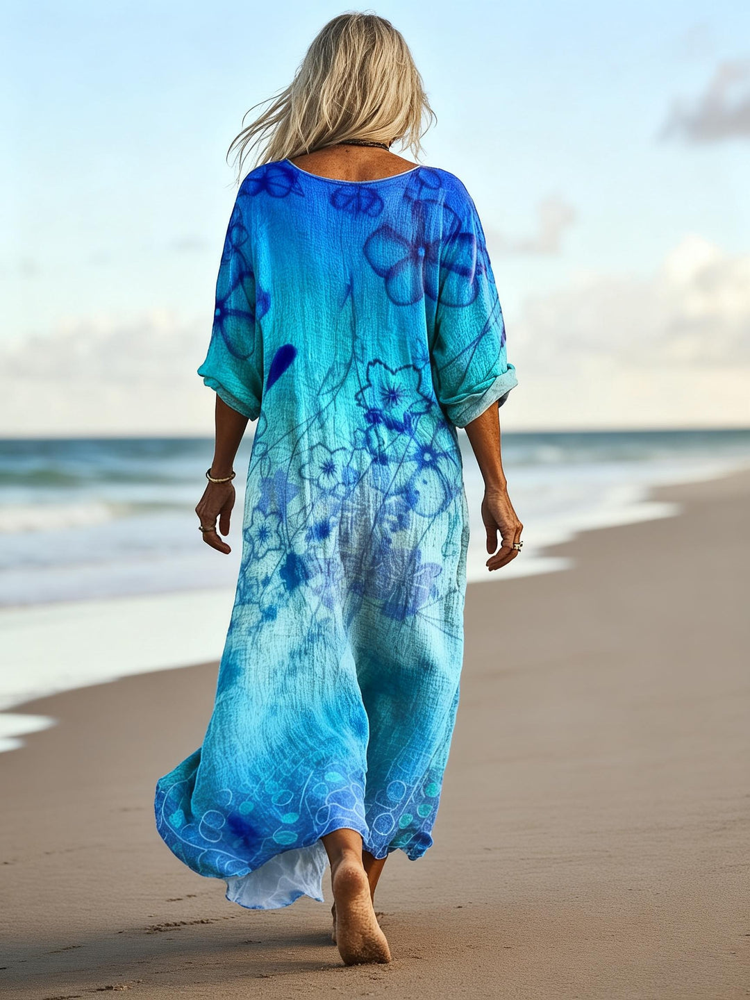 Island Tie-Dye Gradient Blue Printed V-Neck Holiday Dress