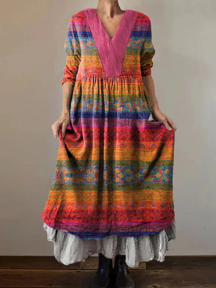 Bohemian Ethnic Striped Print Loose V-Neck Dress