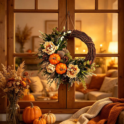 Thanksgiving Artificial Pinecone, Pumpkin, and Rose Vine Wreath Wall Hanging