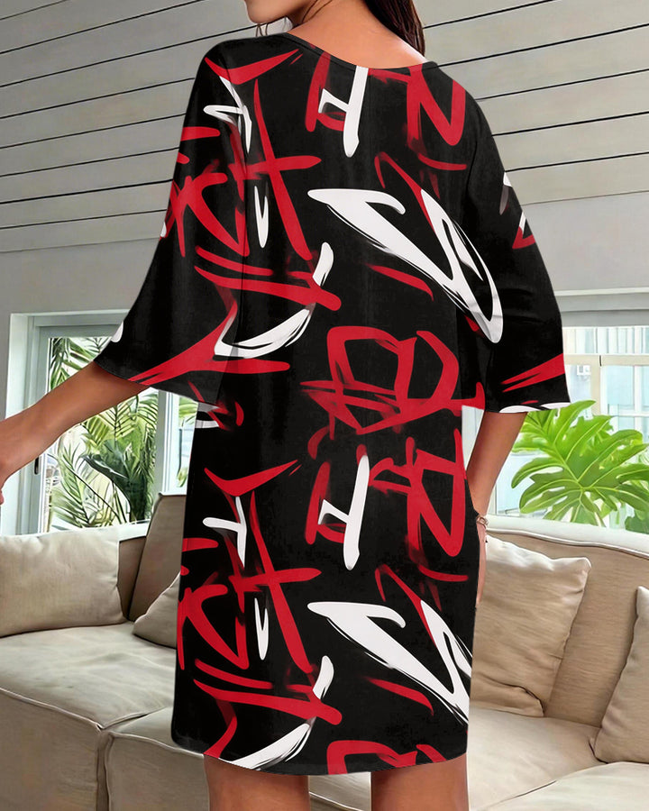 Black Background Red And White Graffiti Print V-neck Mini Dresses