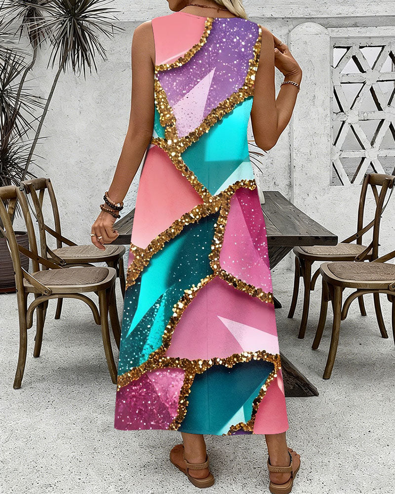 Color-blocked Crystal Print Round Neck Sleeveless Loose Elegant Chic Dress