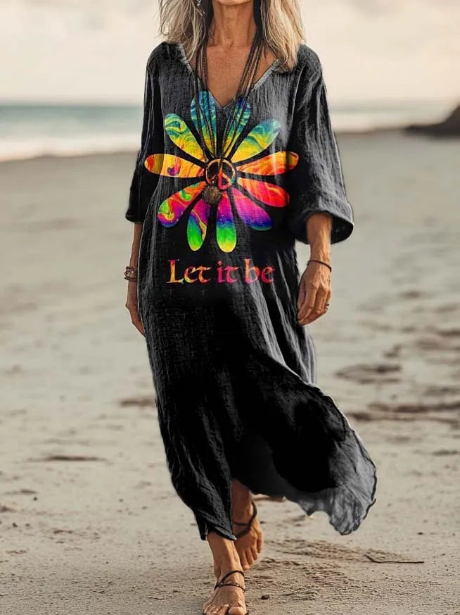 Rainbow Peace Daisy Let It Be Printed V-neck Holiday Dress