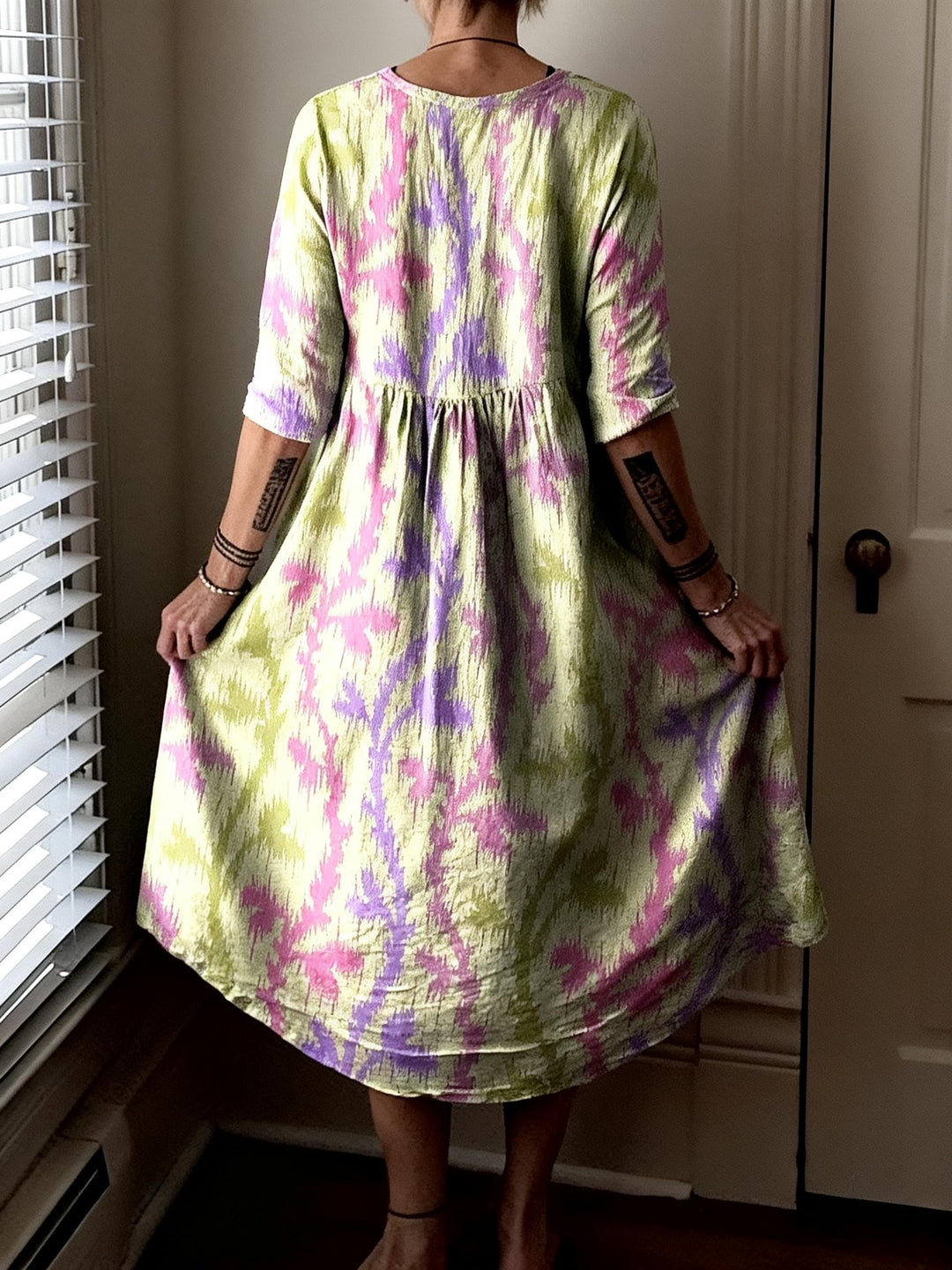 Fresh Pink Green Abstract Floral Print Round Neck Loose Dress