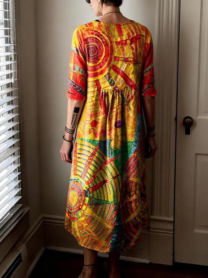 Abstract Sun Totem Art Print Round Neck Loose Dress