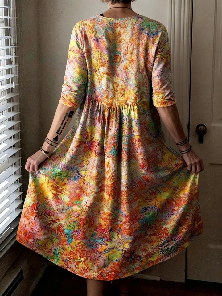 Fantasy Floral-Print Round Neck Loose Dress