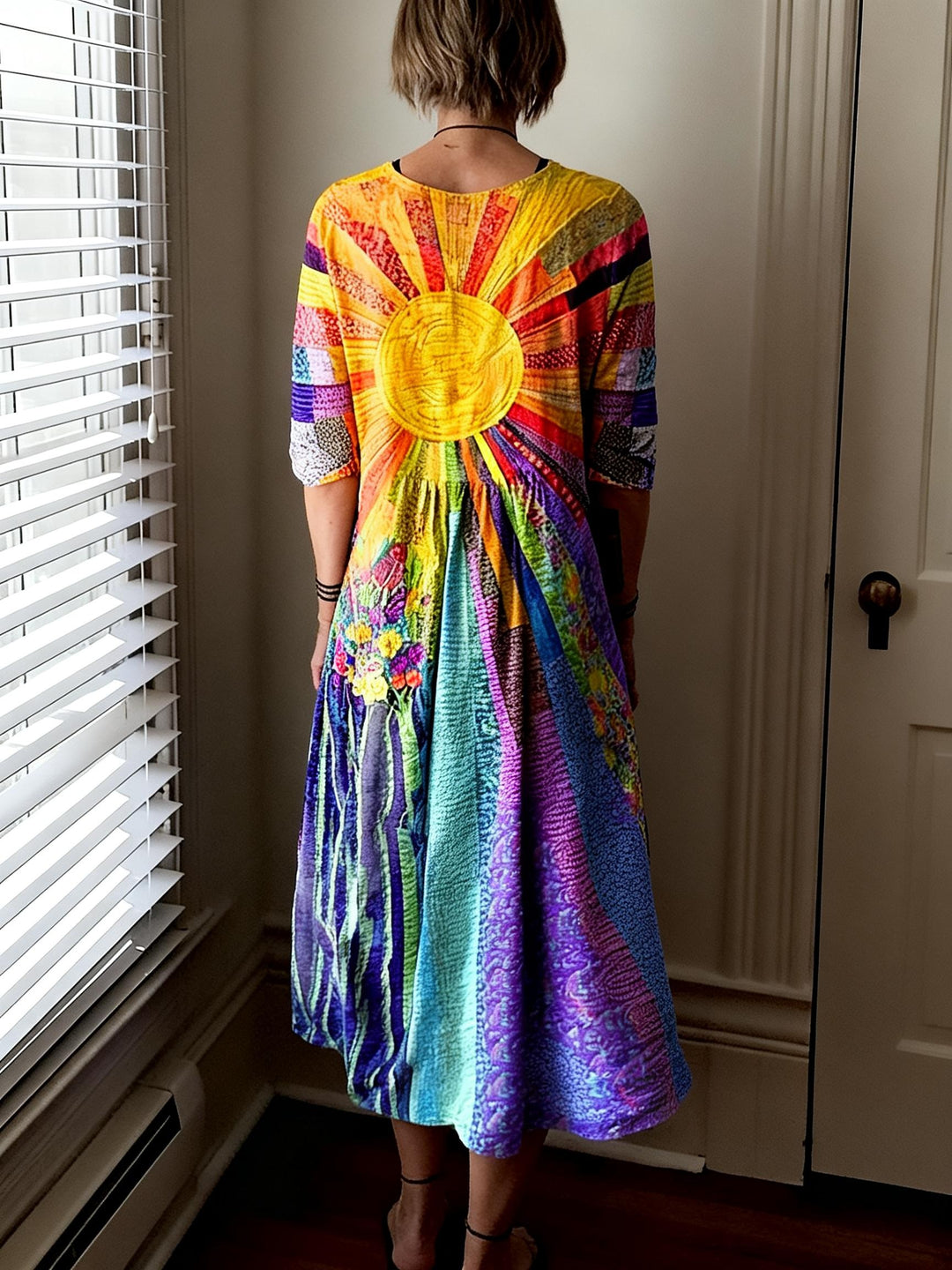 Sun Rays Patchwork Art Print Round Neck Loose Dress