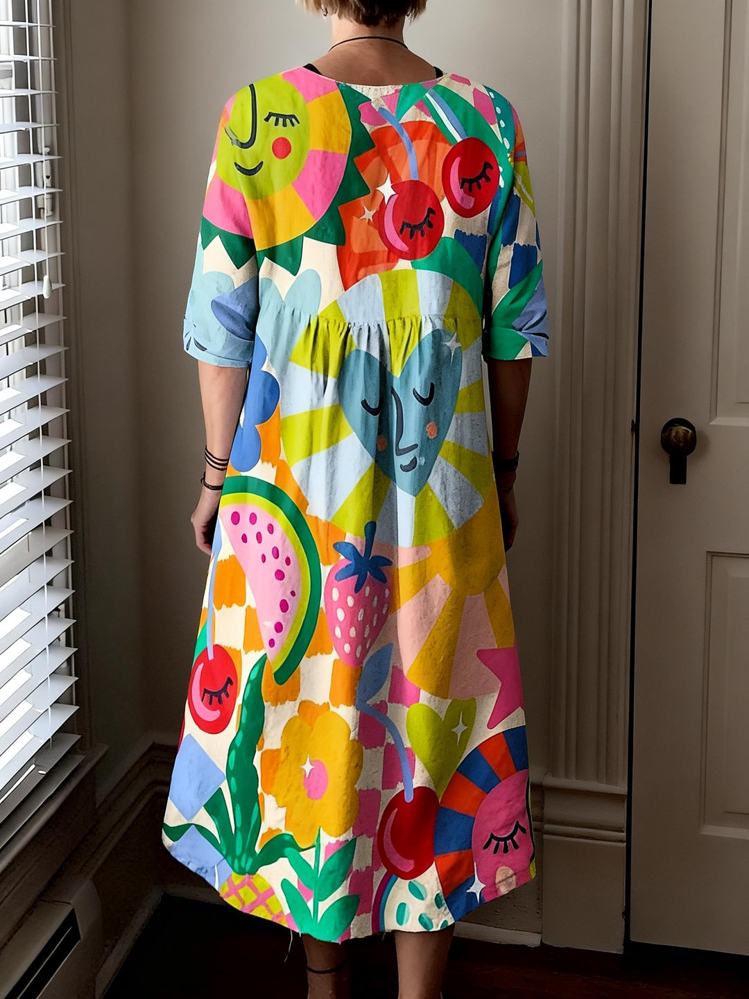 Childish Fruit Illustration Printed Round Neck Loose Dress