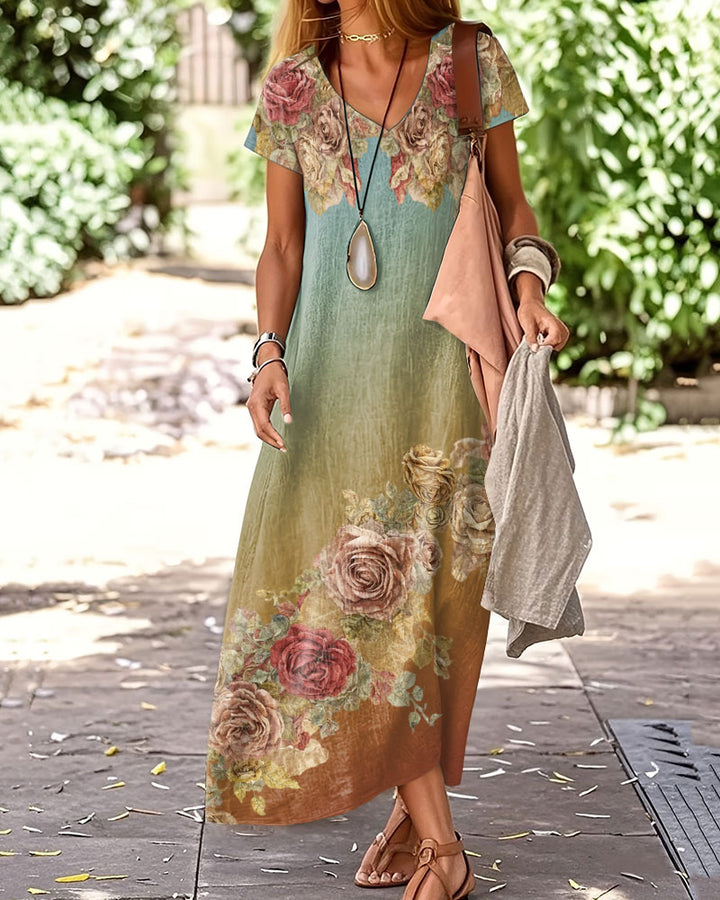 Classy Flowers Fiber Art Print Casual V-Neck Short Sleeve A-Line Loose Long Dress