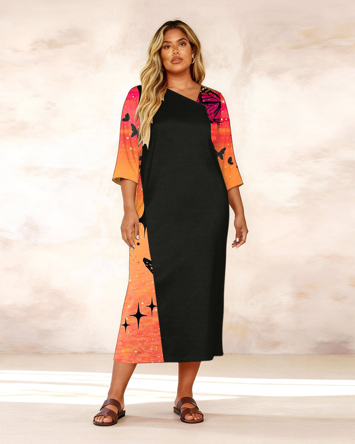 Irregular Neckline Sunset Orange Butterfly Print Mid-sleeve Straight Maxi Dresses