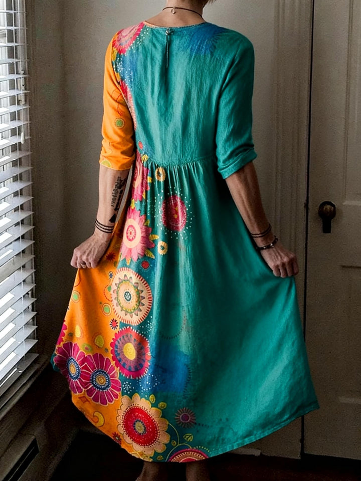 Contrast Mandala Floral-Print Crewneck Dress