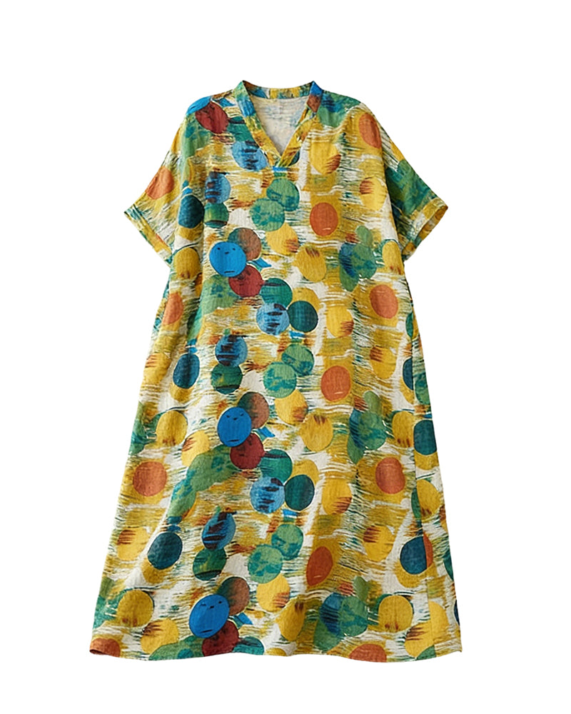 Colorful Polled V-neck Cotton-linen Loose Dress