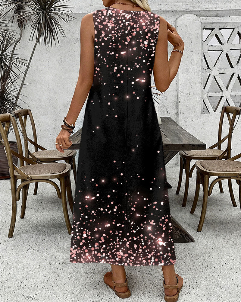 Pink Sequin Print Round Neck Sleeveless Loose Elegant Chic Dress